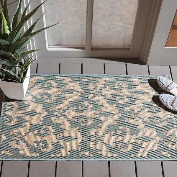 Courtyard Aqua/Beige 3 ft. x 5 ft. Abstract Geometric Indoor/Outdoor Area Rug