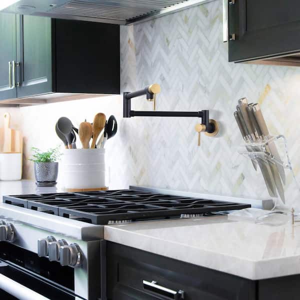 Wall-Mounted Pot Filler Faucet with Dual Handles and 360° Swing in Black and Gold