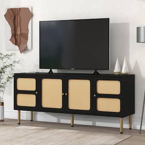 Boho TV Stand Fits TV's up to 70 in. with Rattan Door, Country Style Design Sideboard with Gold Metal Base, Black