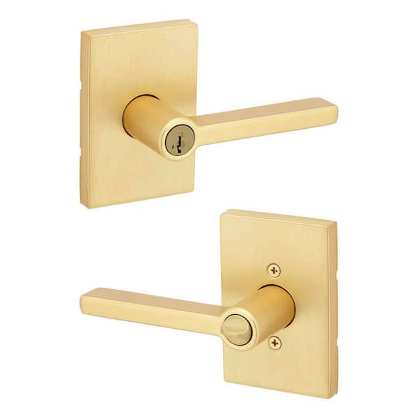Halifax Satin Brass Rectangle Keyed Entry Door Lever with SmartKey Security