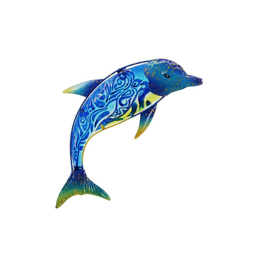 18 in. W x 12 in. H Blue Metal Outdoor Dolphin 3D Wall Sculpture