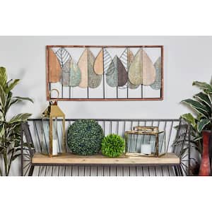Wood Brown Varying Texture Leaf Wall Decor with Green and Black Metal Accents