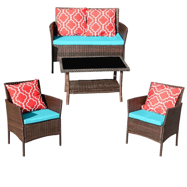 Tenleaf 4-Piece Wicker Outdoor Sofa Sectional Set Conversation Set with Emerald Green Cushions
