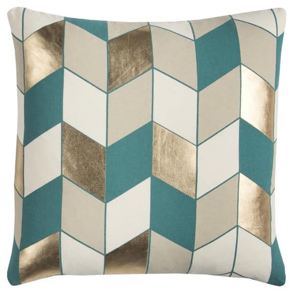 HomeRoots Teal, Gold Solid Polyester 20 in. x 20 in. Throw Pillow