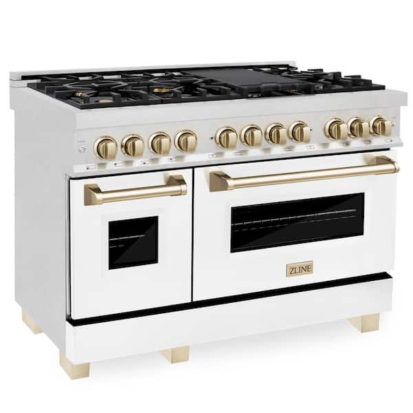 ZLINE Kitchen and Bath Autograph Edition 48 in. 7 Burner Dual Fuel Range in Fingerprint Resistant Stainless, White Matte and Polished Gold