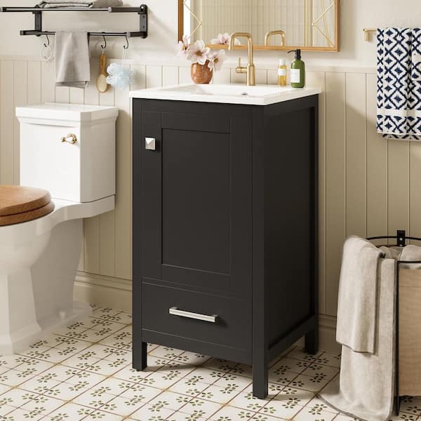 18 in. W Single Sink Freestanding Black Bath Vanity with White Ceramic Top and Divider Drawer, Unassembled