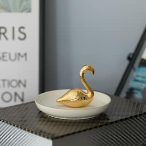 Modern Ceramic Trinket Dish Accent Plate Jewelry Holder White Plate and Gold Swan