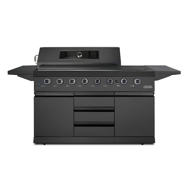58 in. Newport Collection 8-Burner Propane Gas Grill, Side Griddle, Infrared Rotisserie, Knob LEDs, Matte Black