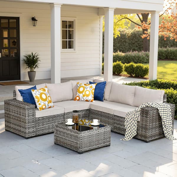 HOOOWOOO Tahoe Gray 6-Piece Wicker Extra-Wide Arm Outdoor Patio Conversation Sofa Set with Beige Cushions
