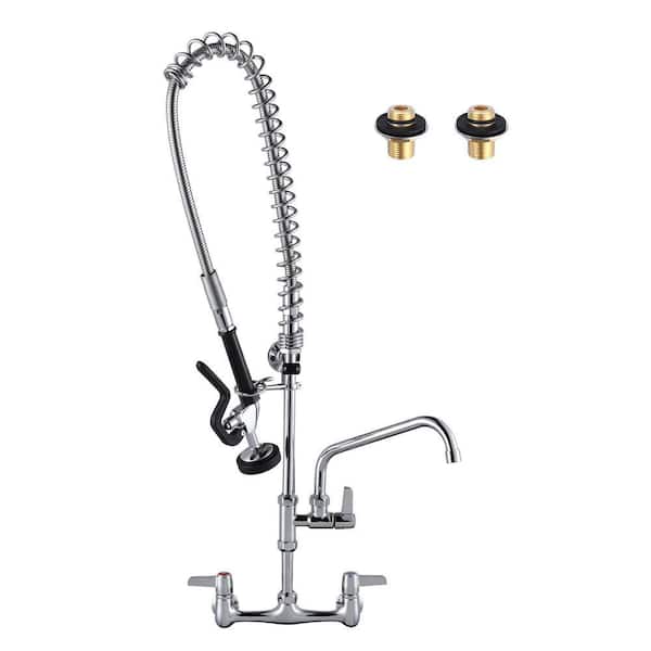 36 in. Commercial Wall Mount 3-Handle Brass Pull Down Sprayer Kitchen Faucet with Pre-Rinse Sprayer and Spout in Chrome