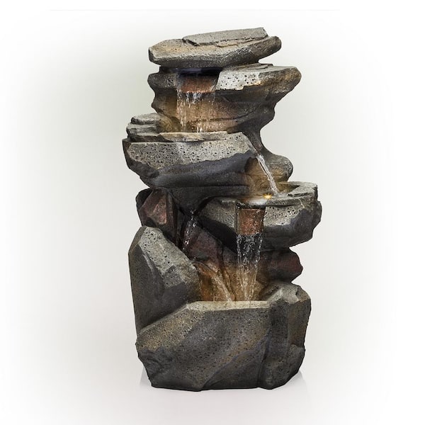 Alpine Corporation 40 in. Tall Outdoor 5-Tier Rock Cascading Waterfall Fountain with LED Lights