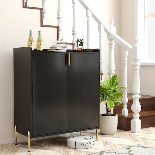 Ezra Black Wood 32 in. W 12-Bottle Wine Cabinet with Wine Racks and Adjustable Storage Shelf