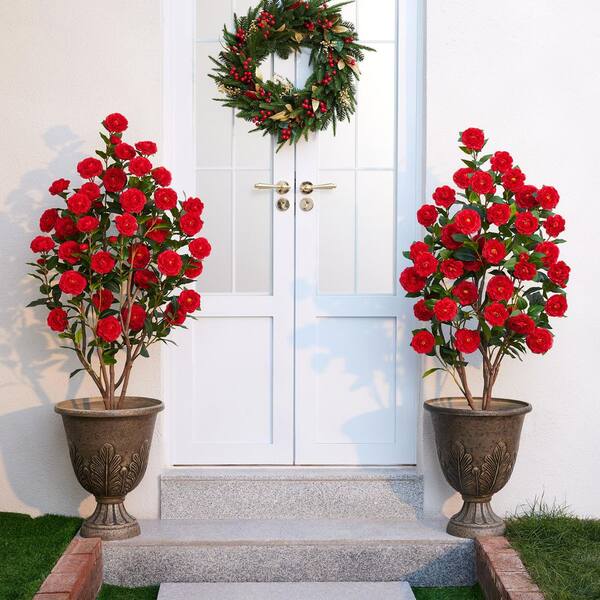 DR.Planzen 4 ft. Artificial Camellia Flowers with Red Faux Flowers
