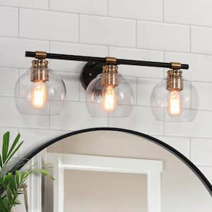 22 in. 3-Light Modern Brass Bathroom Vanity Light, Globe Seeded Glass Rustic Black Vanity Light, Powder Room Wall Sconce