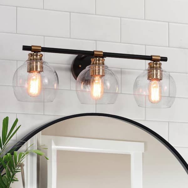Zevni 22 in. 3-Light Modern Brass Bathroom Vanity Light, Globe Seeded Glass Rustic Black Vanity Light, Powder Room Wall Sconce