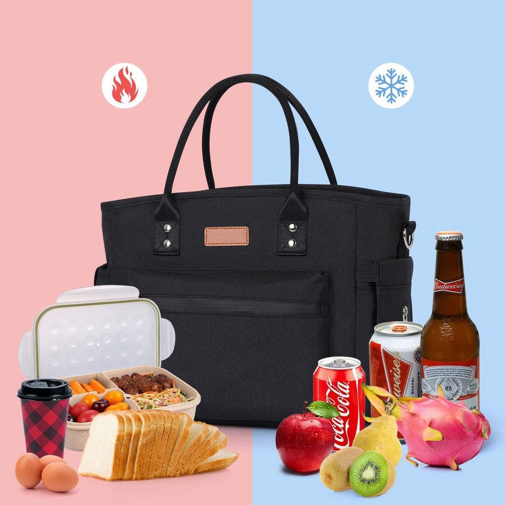 Black Insulated Lunch Bag with Adjustable Shoulder Strap, Portable Lunch Tote Bag for Office, Reusable Lunch Cooler Bag