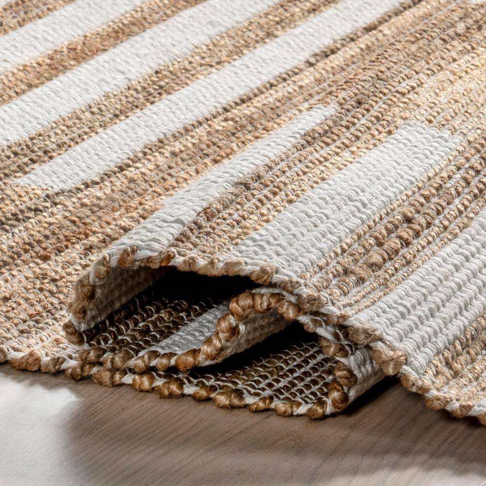 Natural Tan and White Striped Cotton Jute Rug, 4' x 6'