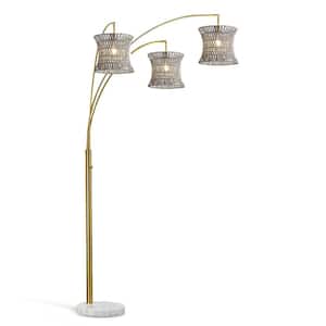 Bohol 83 in. Brushed Brass 3-Lights Arc Tree Floor Lamp with Rattan Shades