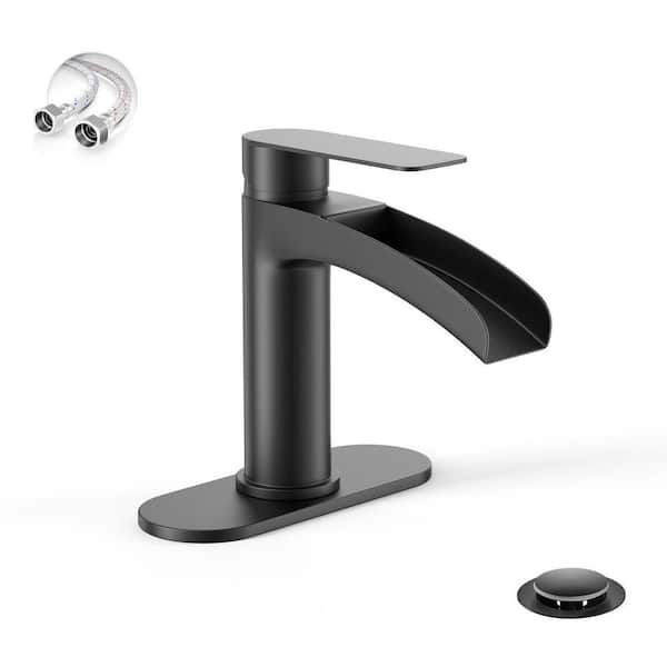Matte Black Single Hole Waterfall Bathroom Sink Faucet Single Handle w/ 6 in. Deck Plate and Metal Pop Up Drain Assembly