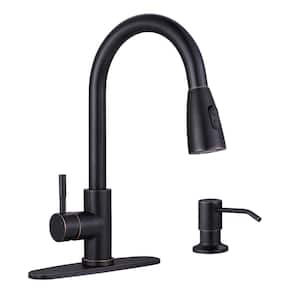 Stainless Steel Single Handle Pull Out Sprayer Kitchen Faucet with Deckplate and Soap dispenser in Oil Rubbed Bronze