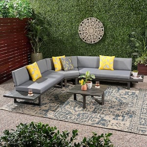 Mirabelle Dark gray 4-Piece Wood Patio Conversation Sectional Seating Set with Gray Cushions