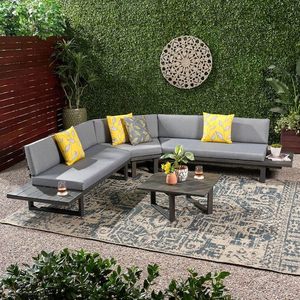Noble House Mirabelle Dark gray 4-Piece Wood Outdoor Patio Conversation Sectional Seating Set with Gray Cushions