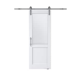30 in. x 80 in. 1/2 Lite Tempered Frosted Glass White Finished MDF Sliding Barn Door with Hardware Kit Nickel Plat