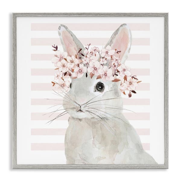 Cherry Blossom Bunny by Jessie Perry Gray Framed Animal Giclee Art Print 24 in. x 24 in.