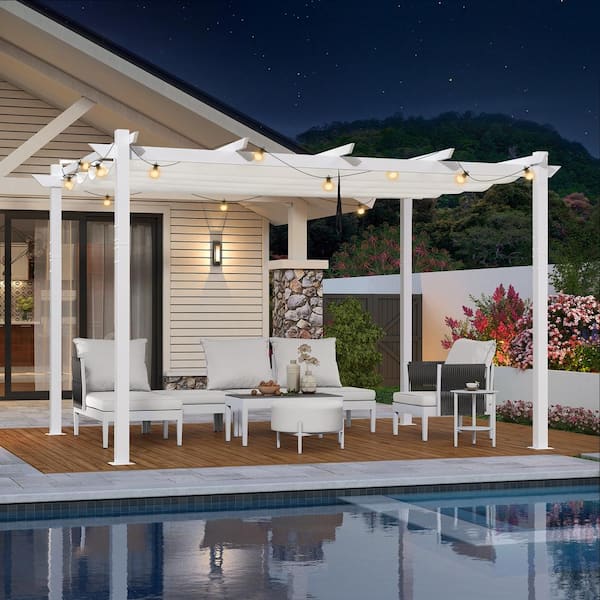 PURPLE LEAF 10 ft. x 13 ft. White Aluminum Frame Pergola with White Retractable Sun Shade Canopy Extra Roof and String Lights