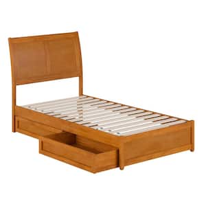 Andorra Light Toffee Natural Bronze Solid Wood Frame Twin Platform Bed with Panel Footboard and Storage-Drawers