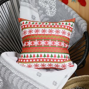 Christmas Themed Decorative Single Throw Pillow 18 in. x 18 in. White and Red and Green Square for Couch, Bedding