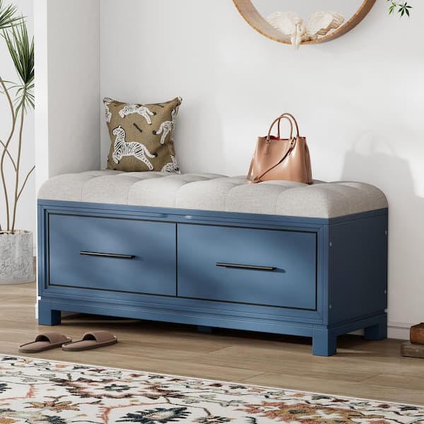 18.1 in. H x 43 in. W Navy Wood Shoe Storage Bench with Removable Cushion