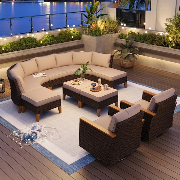 PHI VILLA Brown Wicker Rattan 11 Seat 11-Piece Steel Outdoor Patio Conversation Set with Beige Cushions,Swivel Sofas and Ottomans