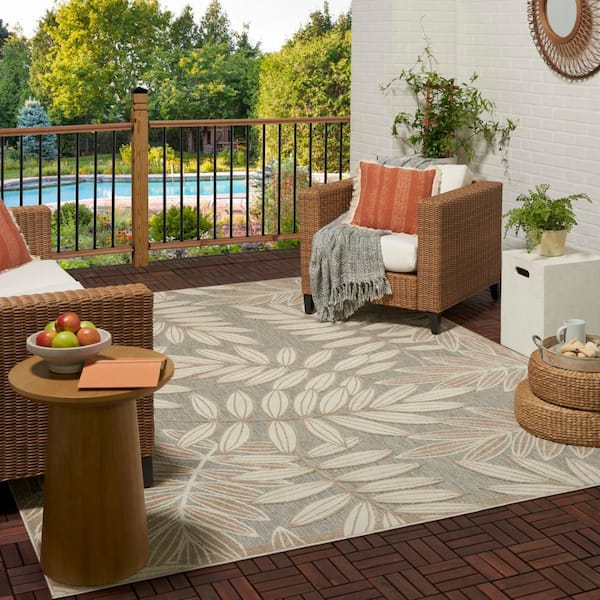 Aloha Natural 7 ft. x 10 ft. Floral Modern Indoor/Outdoor Patio Area Rug
