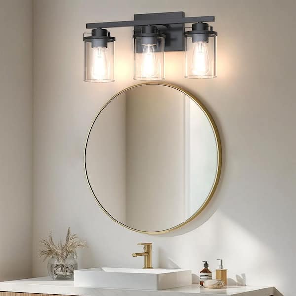18 in. 3-Light Black Vanity Light with Clear Glass Shades for Bathroom