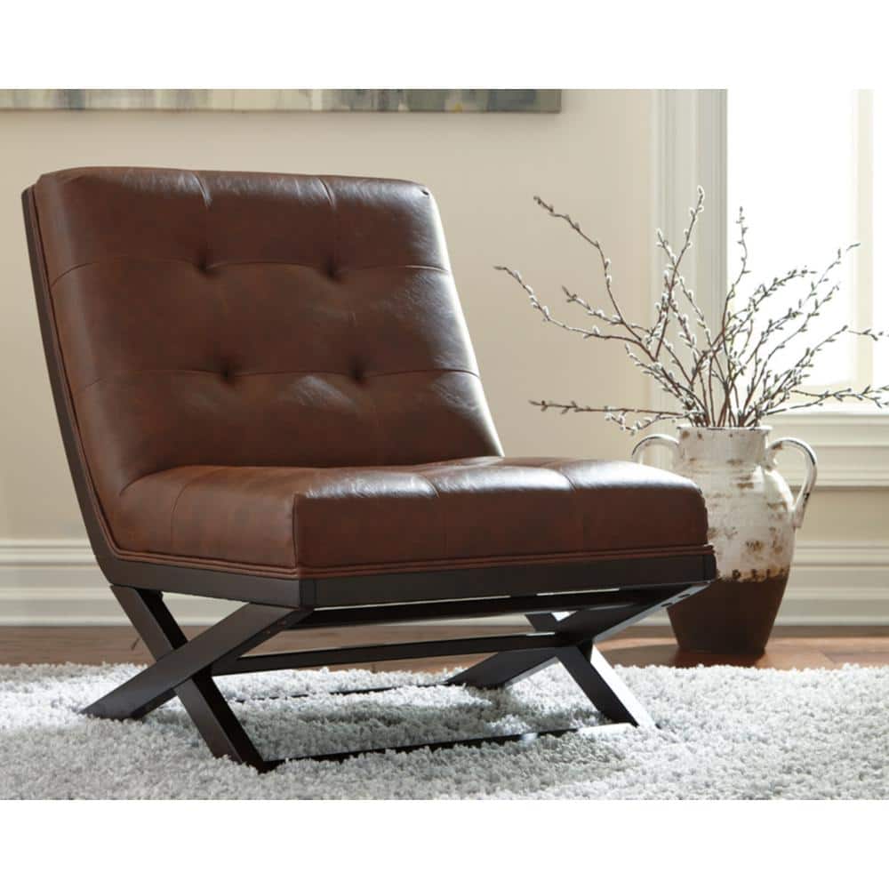 Traditional Brown Faux Leather and Wood Accent Chair