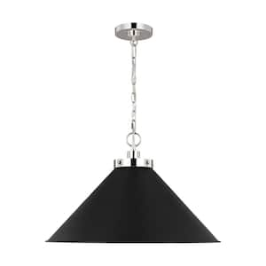 Wellfleet 23.5 in. W x 15.375 in. H 1-Light Midnight Black/Polished Nickel Wide Cone Pendant Light with Steel Shade