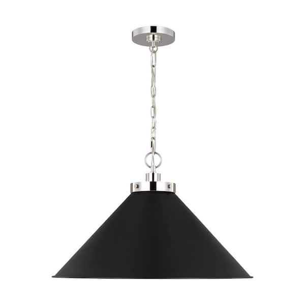 Generation Lighting Wellfleet 23.5 in. W x 15.375 in. H 1-Light Midnight Black/Polished Nickel Wide Cone Pendant Light with Steel Shade