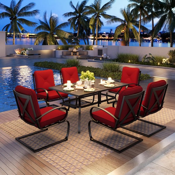 PHI VILLA 7-Piece Metal Patio Outdoor Dining Set with Slat Rectangle Table and C-Spring Chairs with Red Cushions