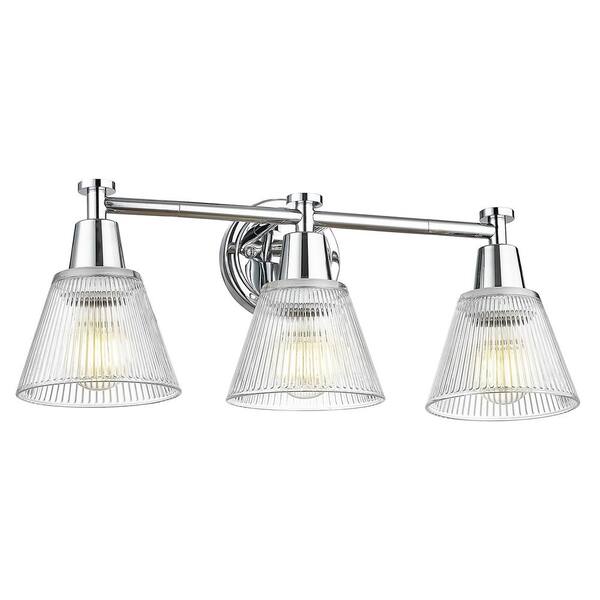 JAZAVA 22 in. 3-Light Chrome Vanity Light with Fluted Glass Shade ...