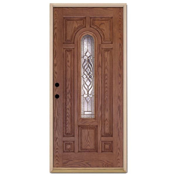 Feather River Doors 37.5 in. x 81.625 in. Lakewood Brass Center Arch Lite Stained Medium Oak Fiberglass Prehung Front Door