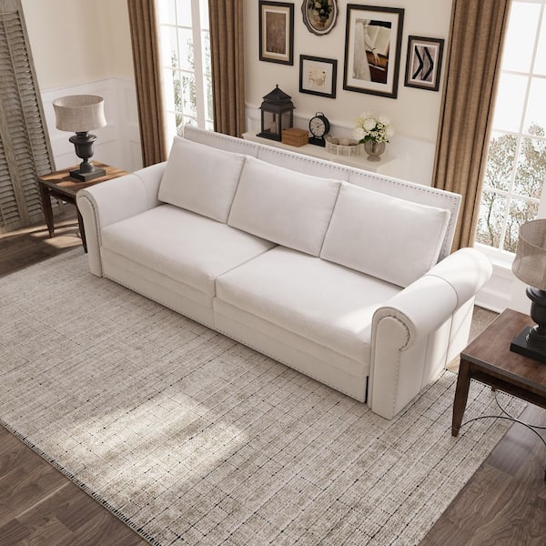 3-in-1 Convertible 94 in. W Beige Velvet King Sleeper Sofa Bed with 3-Pillowsfor Living Room and Bedroom