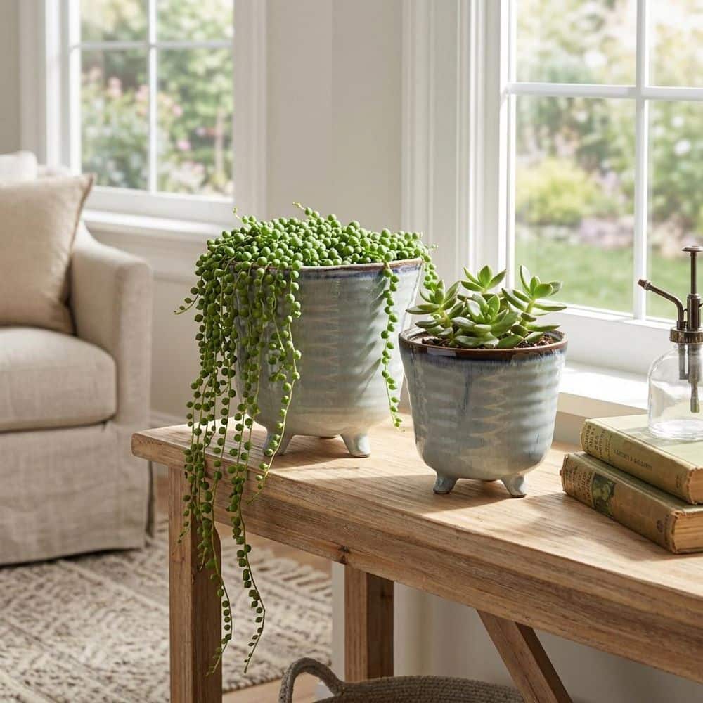 Liv & Skye 6 in. and 7 in. Blue Ceramic Organic Footed Decorative