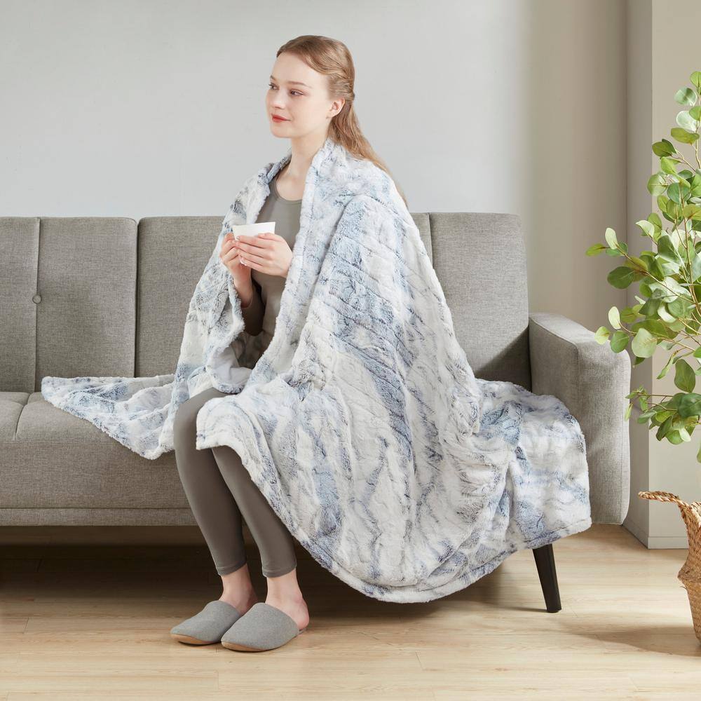 Luxurious Gray/Blue Oversized Faux Fur Heated Throw Blanket