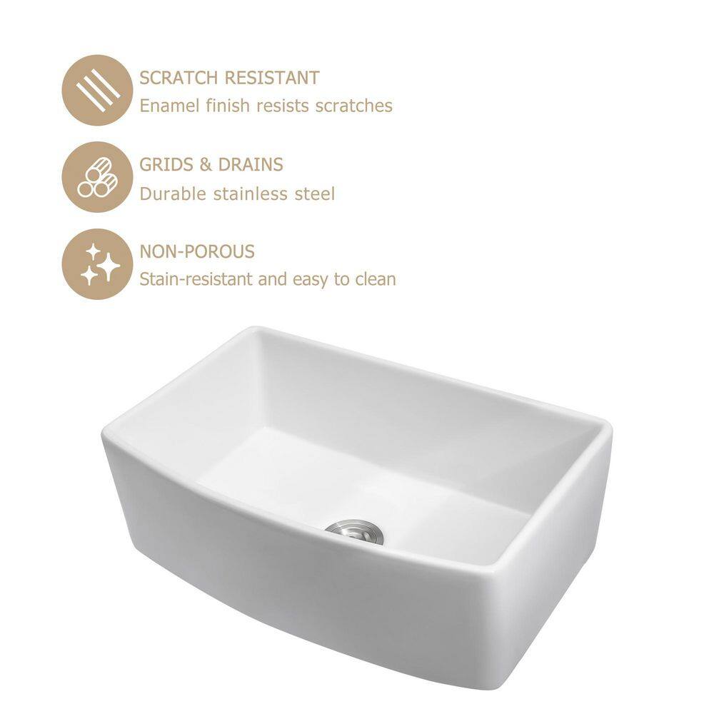 23.6" White Gloss Ceramic Undermount Single Bowl Kitchen Sink