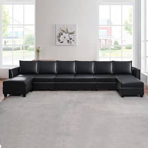 Contemporary 1-Piece Black Air Leather 6-Seater Upholstered Sectional Sofa with Double Ottoman