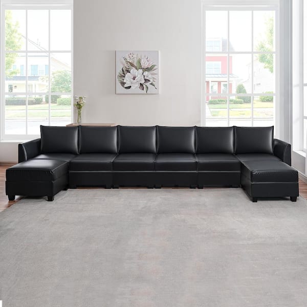 MAYKOOSH Contemporary 1-Piece Black Air Leather 6-Seater Upholstered Sectional Sofa with Double Ottoman