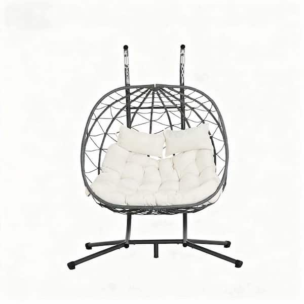 6.23 ft. Gray Wicker Outdoor Hammock Egg Chair With Iron Frame, and White Cushion, for Porch Backyard Garden Poolside