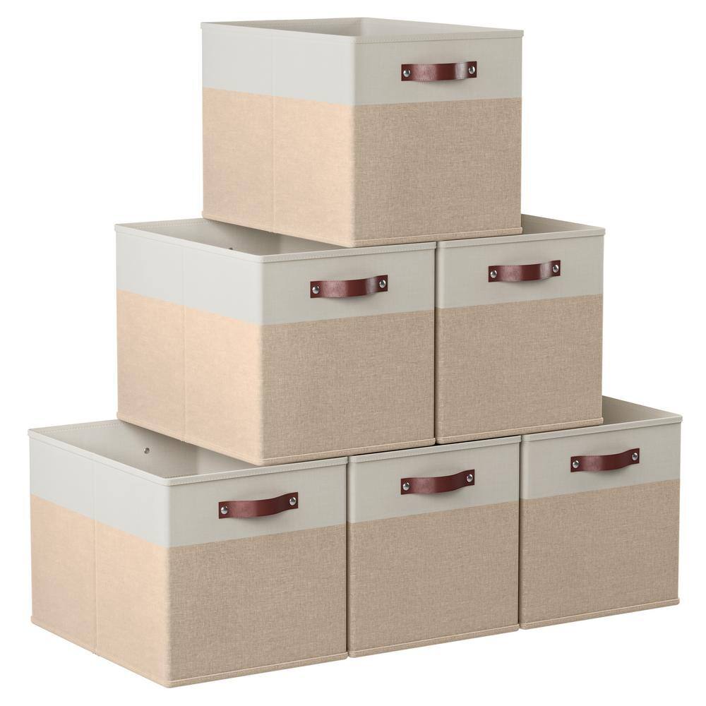 6 Pack Foldable Kallax Storage Box Bins Linen Shelf Basket Cube with Leather Handles - 13" x 15" x 13"