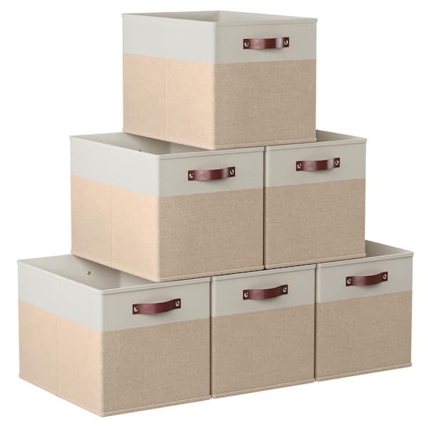 Ornavo Home Foldable Kallax Storage Box Bins Linen Shelf Basket Cube with Leather Handles - 13 in. x 15 in. x 13 in. 6-Pack